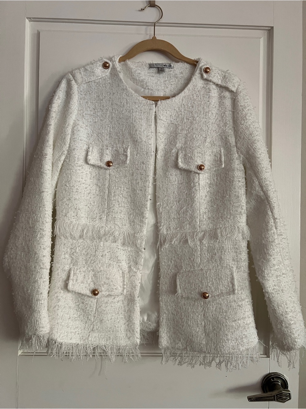 WD.NY White Bouclé Fringe Pocket Blazer with Gold Buttons